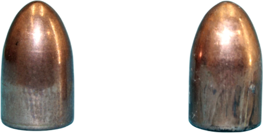 9 mm FMJ RN — unverschossen (links im Bild) und aus dem PRS 1090 zurückgewonnen (rechts im Bild)
