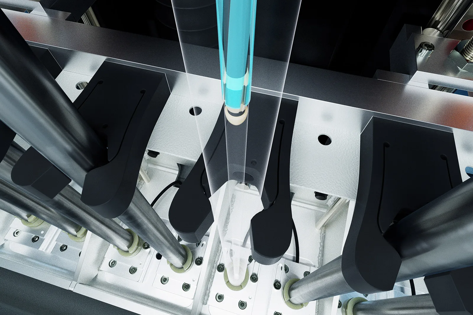 Illustration: Eine Elektrode wird von oben in einen eingespannten Lauf geführt, um dessen Innenkontur elektrochemisch zu bearbeiten.