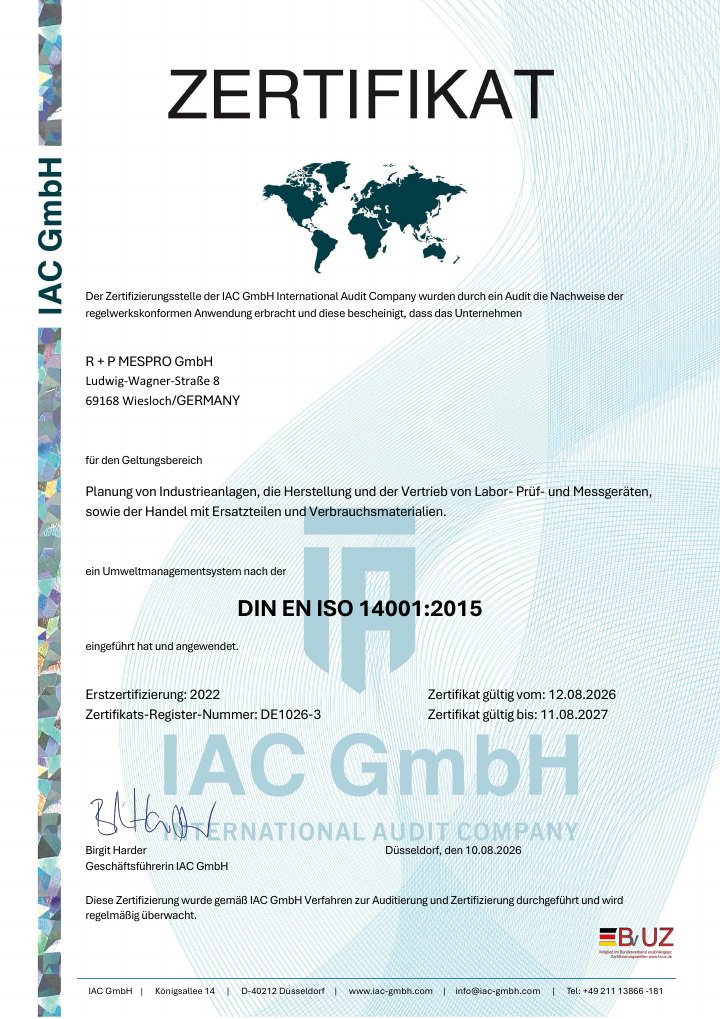 DIN EN ISO 14001:2015 certificate of R + P MESPRO GmbH