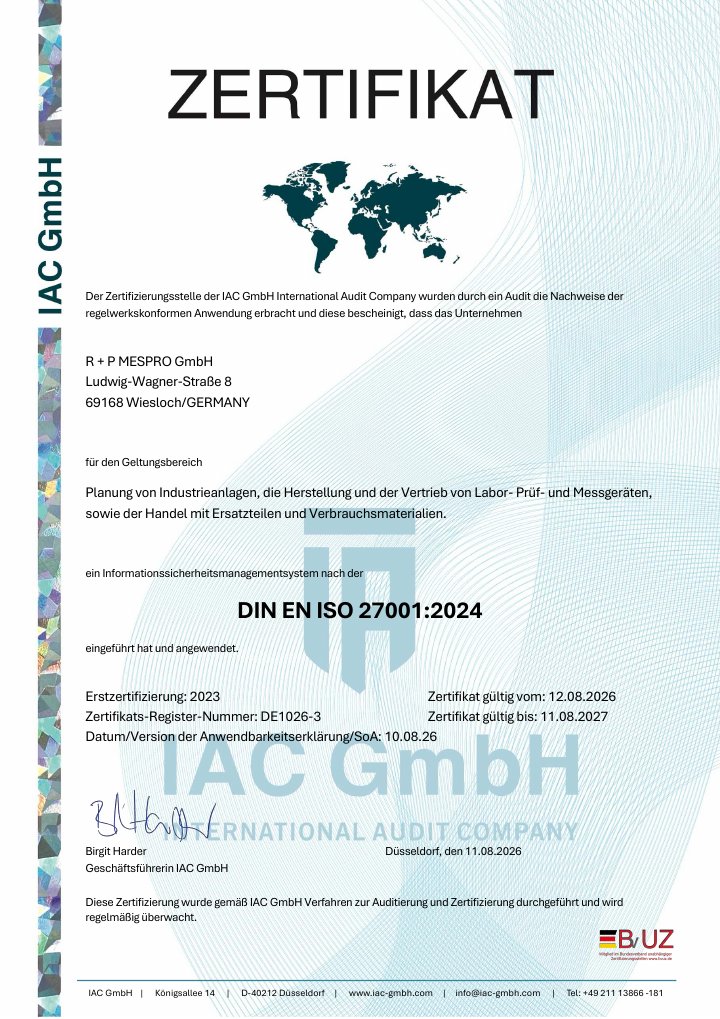 DIN EN ISO 27001:2024 certificate of R + P MESPRO GmbH
