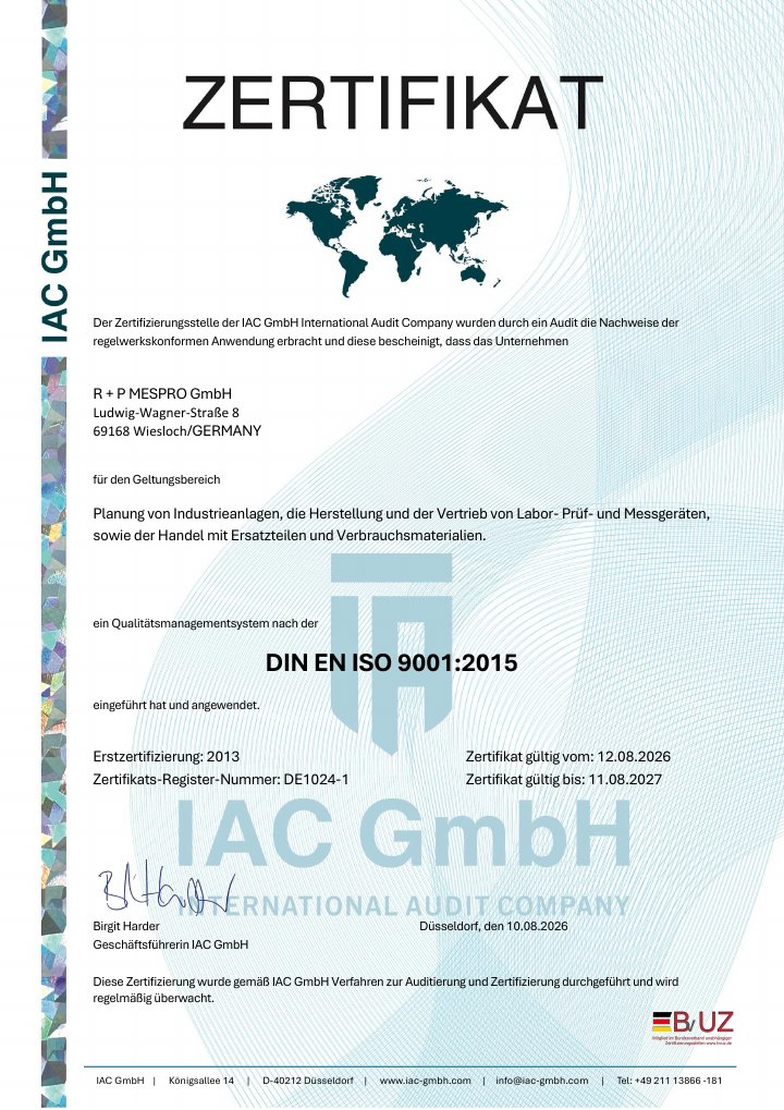 DIN EN ISO 9001:2015 certificate of R + P MESPRO GmbH